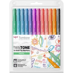 Set 12 Marker Coloring Twin Tip Tombow TwinTone Pastels Colors