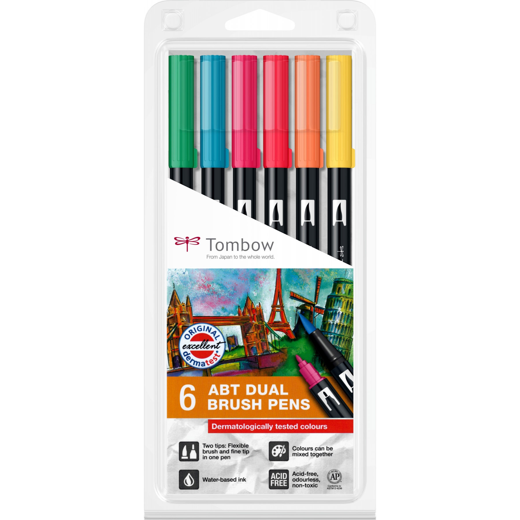 Imagine Produs Set 6 Marker Dual Brush Watercoloring Tombow ABT Derma Colours