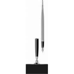 Desk Pen Set Stilou Scrikss 17 Black Laquered Wood Base - Black Chrome Wave CT