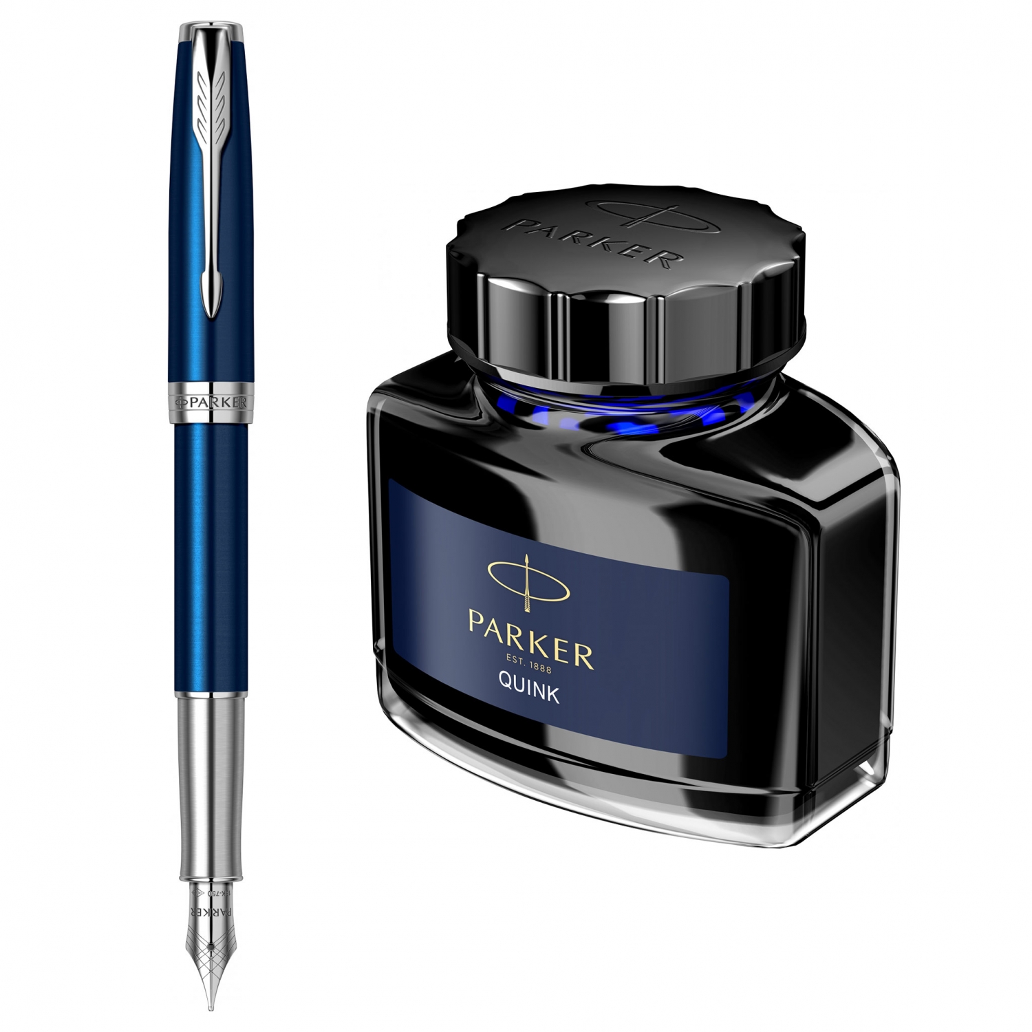 Imagine Produs Stilou 18k Nib Parker Sonnet Royal Blue PDT + Calimara Cerneala 57 ml Quink Blue - Black