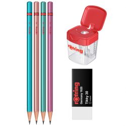 Blister 4 creioane metalizate + Ascutioare + Radiera TIkky 30