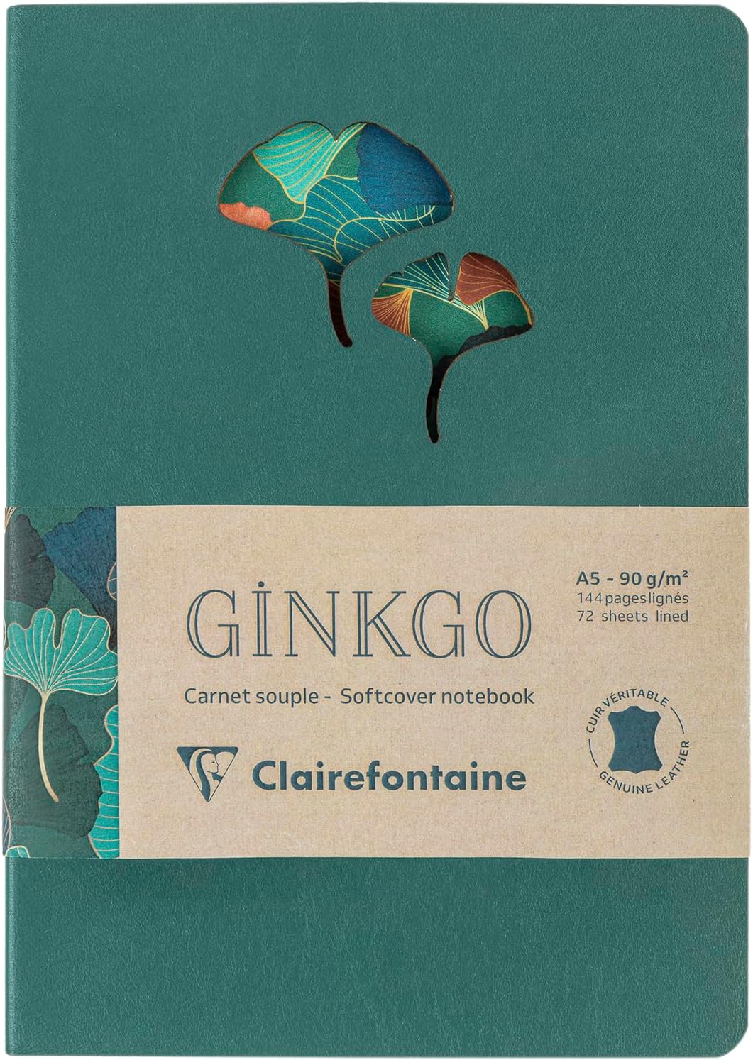 Imagine Produs Caiet A5 Clairefontaine Ginkgo Softcover Cutout Pine Green - Ivory Lined 8 mm - 144 pagini 90 g mp